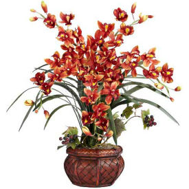 Cymbidium with Decorative Vase Silk Arrangement, Burgundy