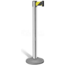 Basic Stanchion, 38.5"H Chrome Post, 10'L Retractable Black/Yellow Belt