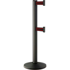 Retractable Dual Belt Barrier, 40" Black Wrinkle Post, 10' Black/Red Belt