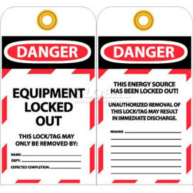 Tags, Danger Equipment Locked Out, 6" X 3-1/4", White/Red/Black, 25/Pk