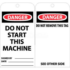 RPT7 Tags, Danger Do Not Start This Machine, 6" X 3", White/Red/Black, 25/Pk