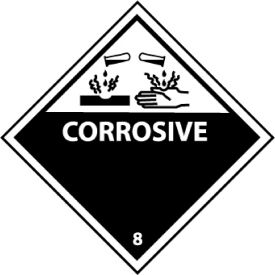 "Corrosive" Class 8 DOT Shipping Labels, 4"L x 4"W, Black/White, Roll of 25