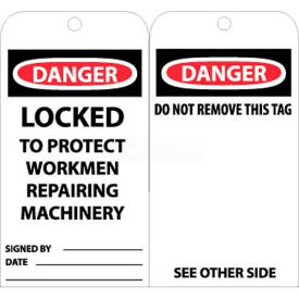 Tags, Danger Locked To Protect Workmen Repairing Machinery, 6" X 3", Wht/Rd/Blk, 25/Pk
