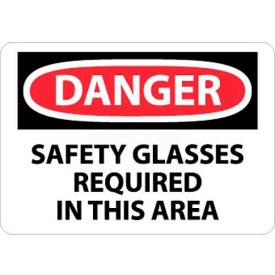 Danger Safety Glasses Required In This Area OSHA Sign, 10" X 14", White/Red/Black