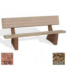 72" Commercial Concrete Bench, Polished Red Quartzite, Tan River Rock Frame