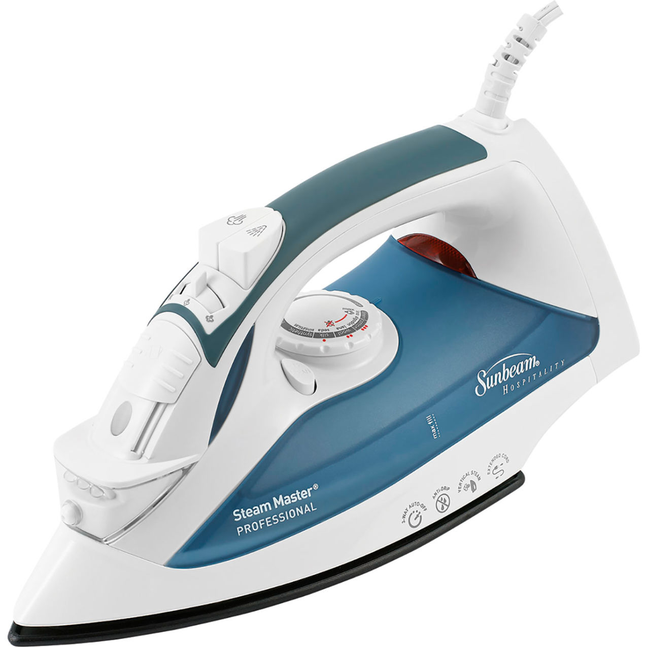 Full-Size Steam Master Iron with 3-Way Auto Off, White/Blue
