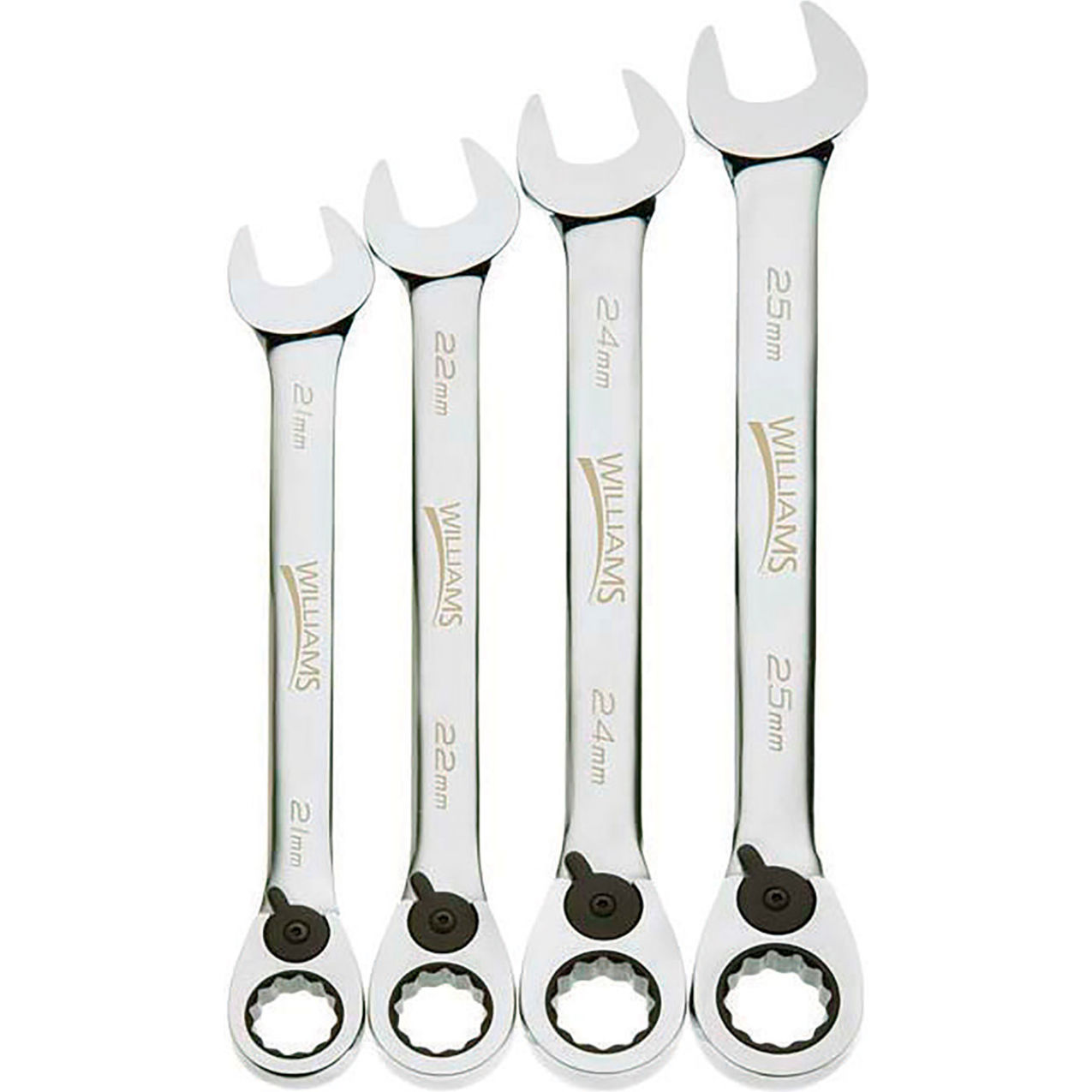 4 Piece 21mm to 25mm Ratcheting Combination Wrench Set, Chrome