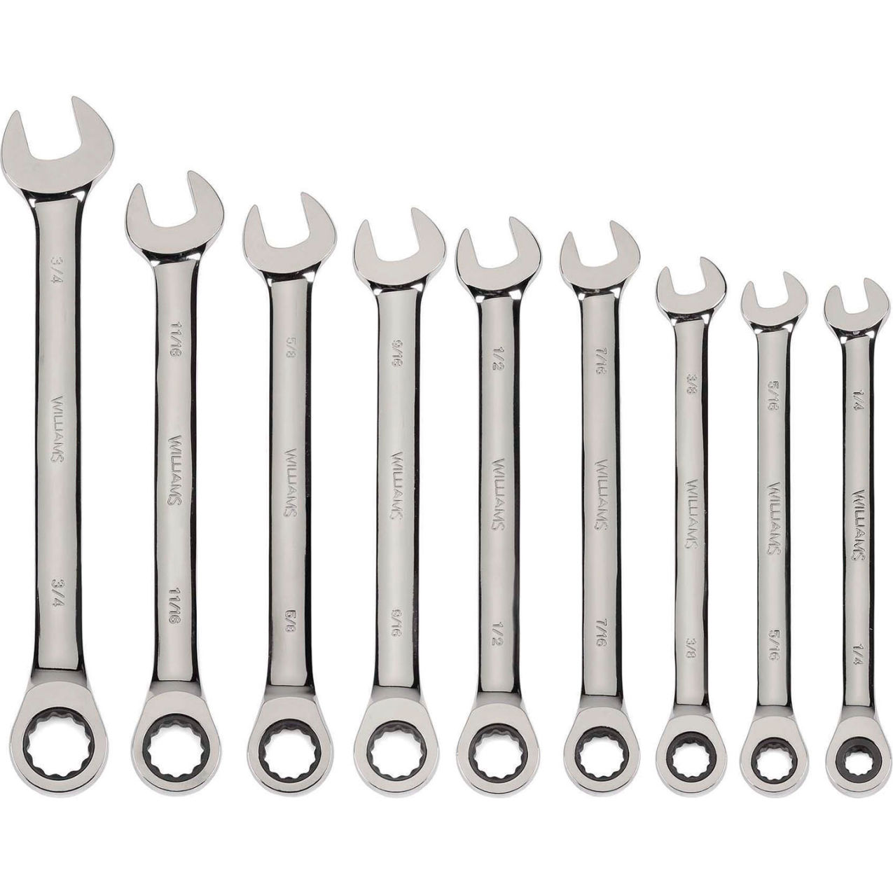 9 Piece 1/4" to 3/4" 12-Point Combination Ratcheting Wrench Set, Chrome