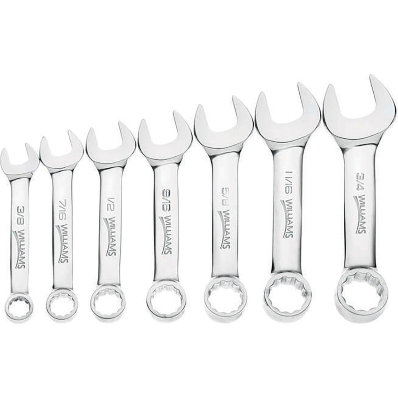 7 Piece 3/8" to 3/4" 12-Point Stubby Combination Wrench Set, Chrome