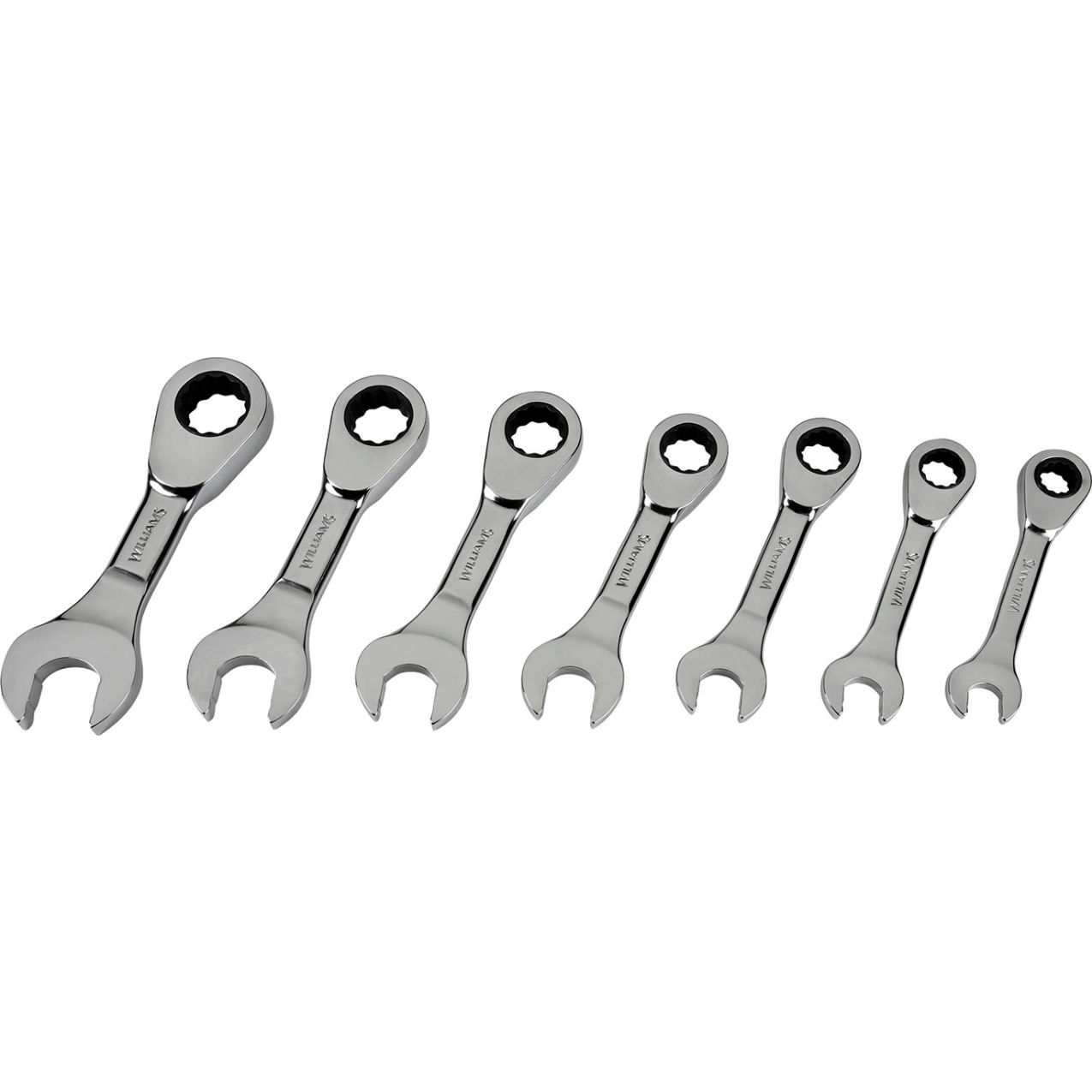 7 Piece 3/8 to 3/4 Stubby Ratcheting Combination Wrench Set, Chrome.