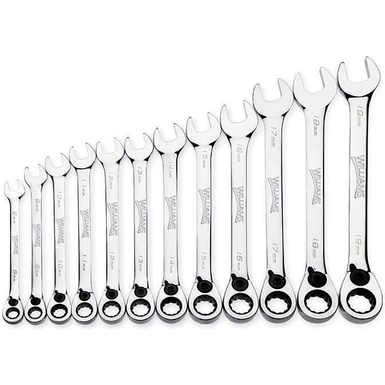 9 Piece 8mm to 19mm 12-Point Ratcheting Combination Wrench Set, Chrome