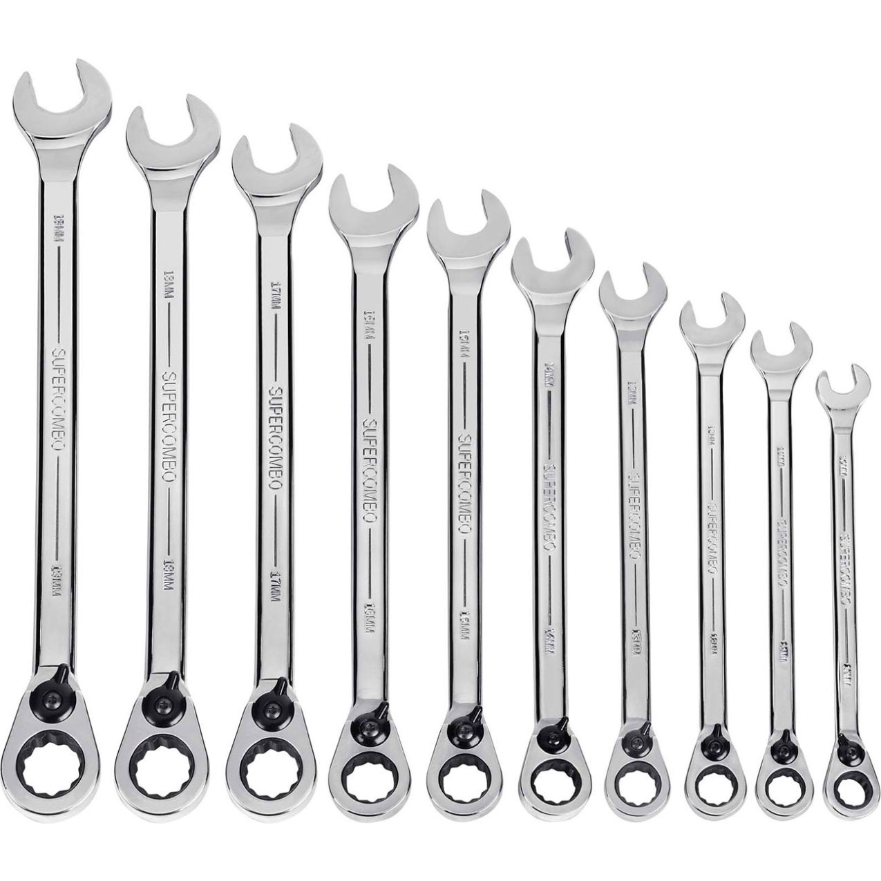 10 Piece 10mm to 19mm 12-Point Reversible Combination Ratcheting Wrench Set, Chrome