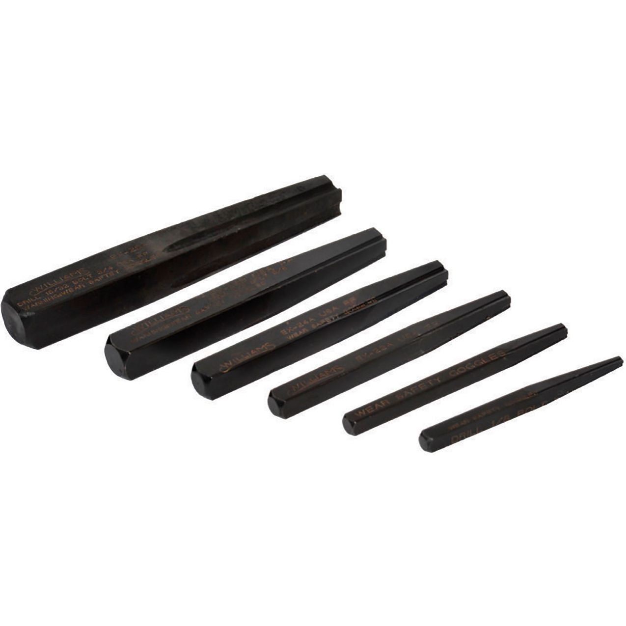Tapered Flute Tip Screw Extractor Set, 1/8" - 15/32" Drive, Pack of 6