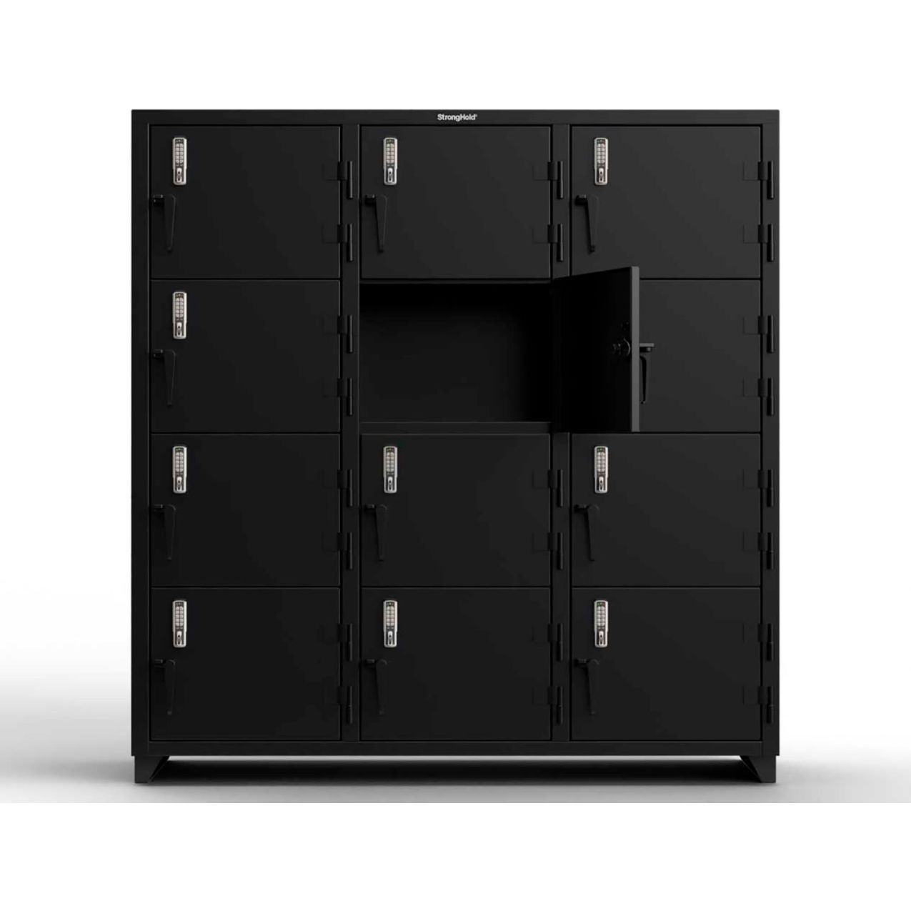Strong Hold 4-Tier 12 Door Extra Heavy Duty Digital Locker, 72"W x 24"D x 75"H, Black, Assembled