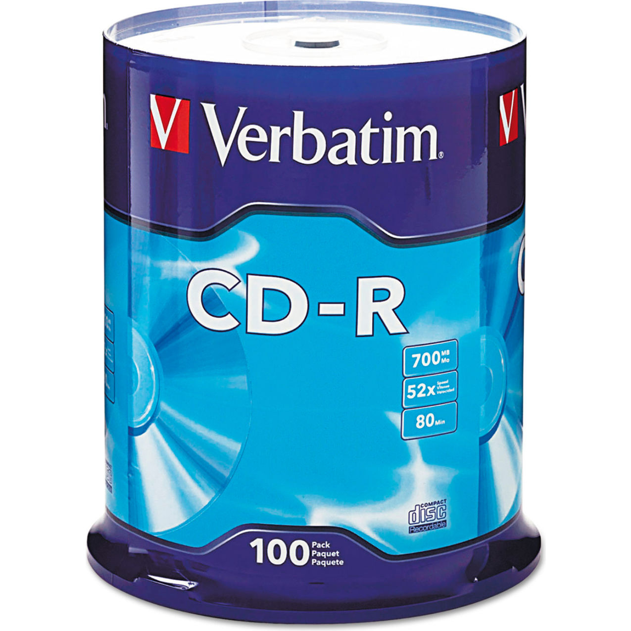 CD-R Recordable Disc, 52x Speed, 700 MB/80 min, Spindle, Silver, 100/Pack