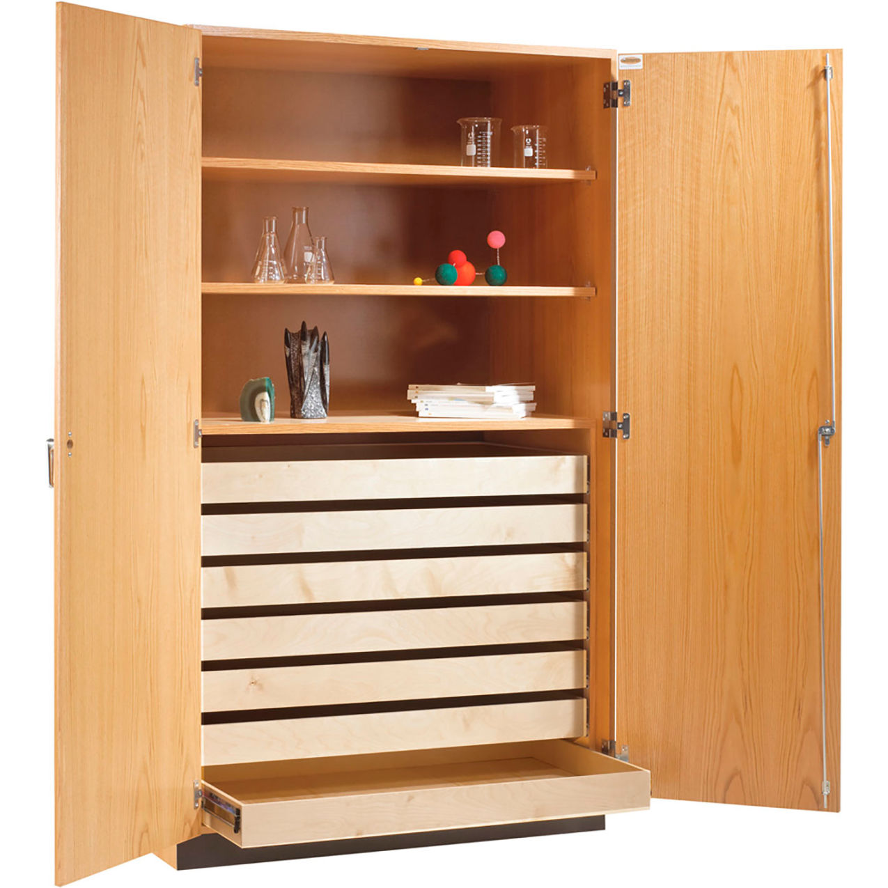 Flat Storage Cabinet with Drawers, 48"W x 30"D x 84"H, Red Oak