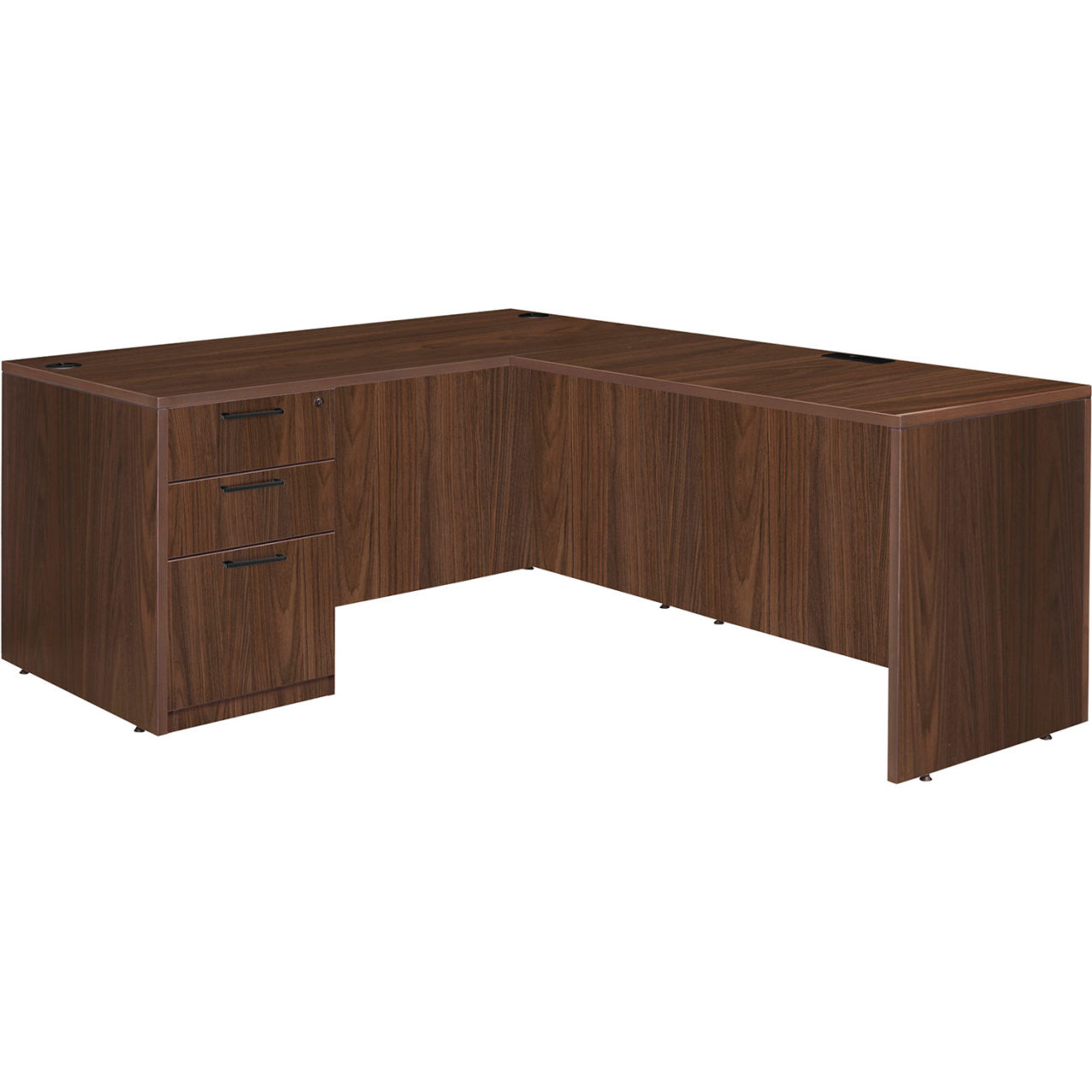 L-Shaped Desk with Single Full Pedestal Drawer Unit, 66"W x 77"D x 29"H, Neo Walnut