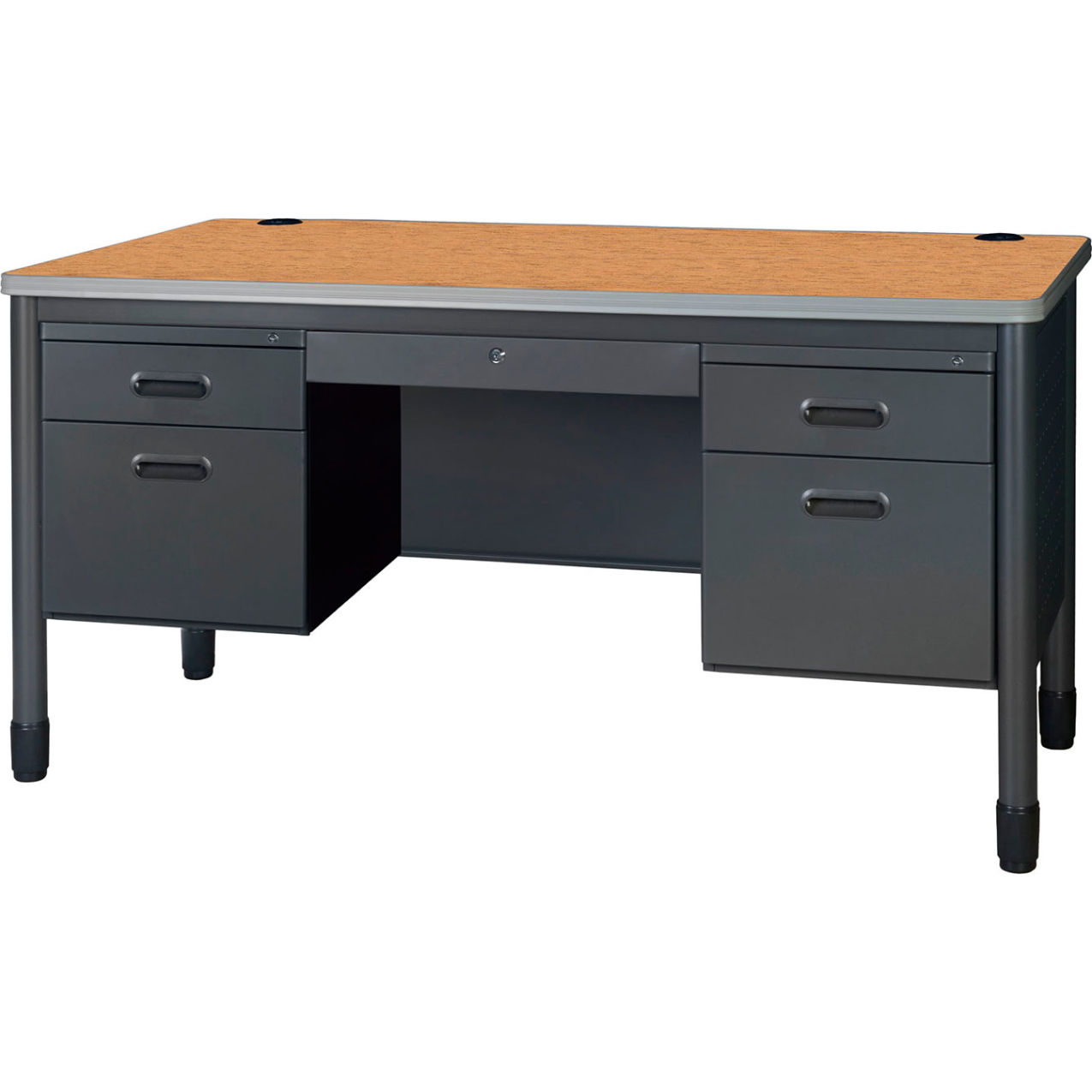 Double Pedestal Teacher's Office Desk with Center Drawer, 60"W x 30"D x 29"H, Medium Oak