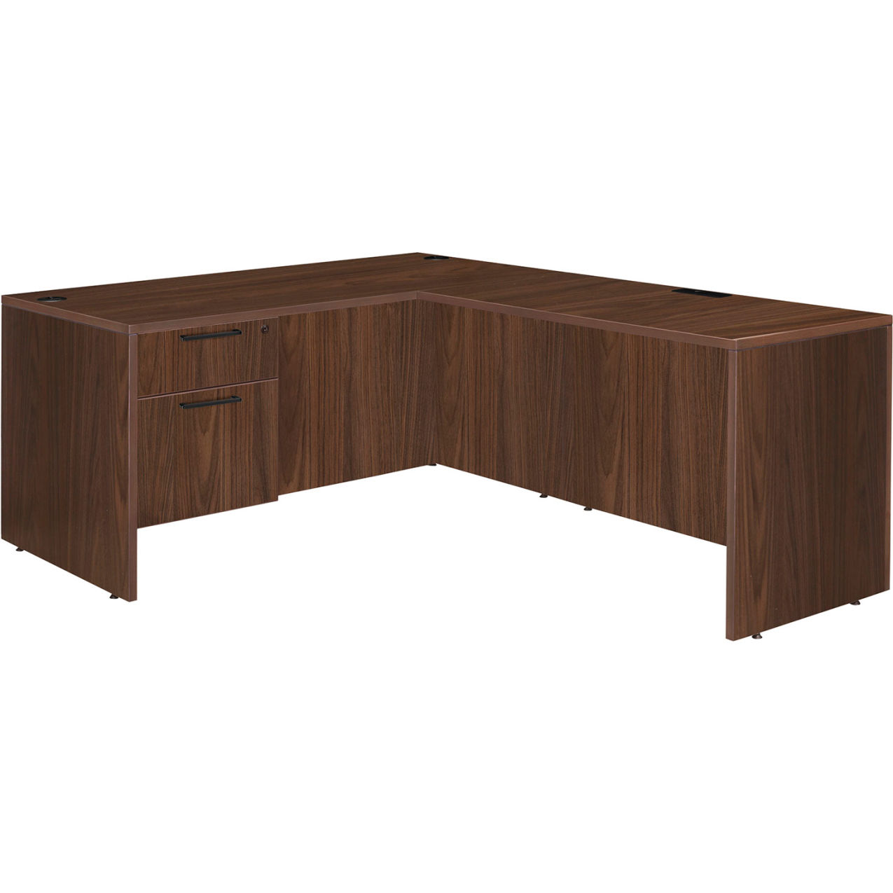 L-Shaped Desk with Single Pedestal Drawer Unit, 60"W x 77"D x 29"H, Neo Walnut