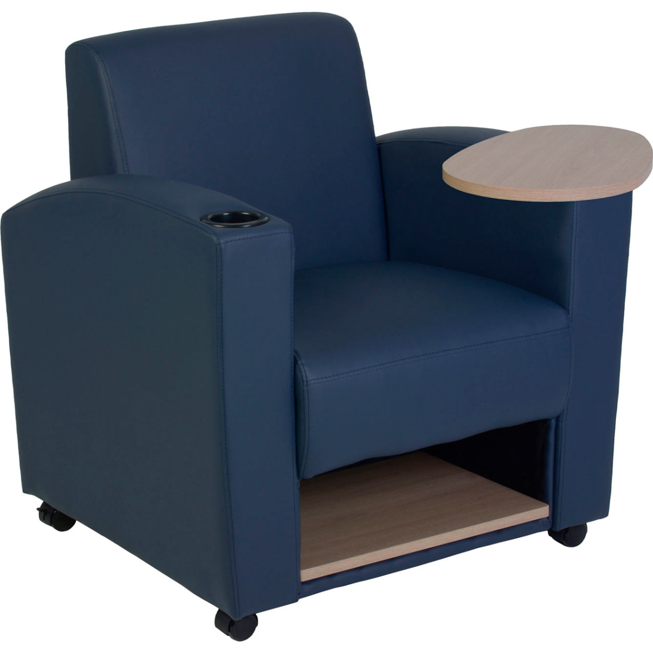 Tablet Arm Lounge Chair with Storage, 31"W x 29"D x 33"H, Navy Blue/Noble Oak