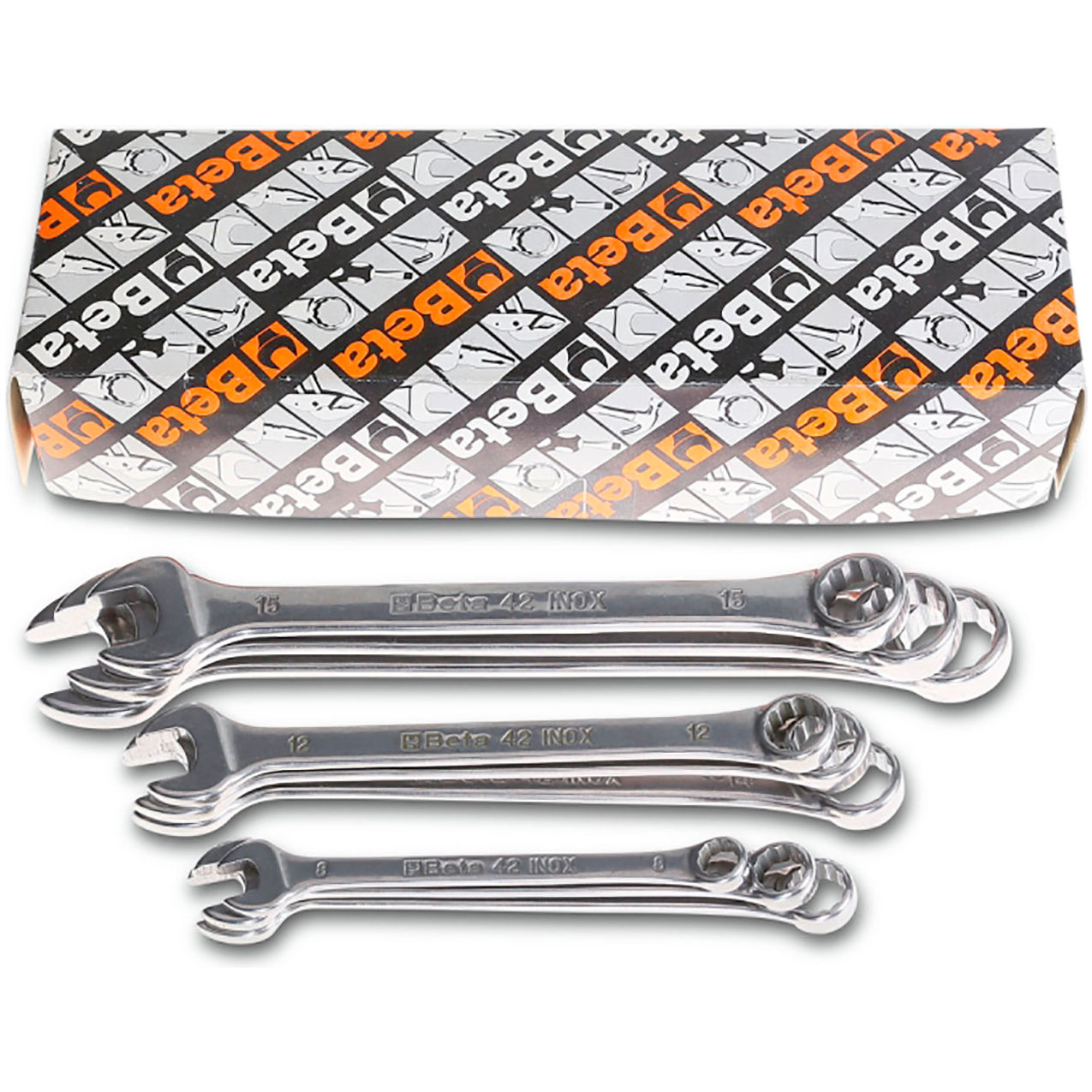 42INOX 9 Piece 1/4" to 3/4" 12-Point 15° Offset Combination Wrench Set, Silver