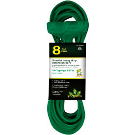 16/3 SJTW 8ft 3 Outlet Heavy Duty Extension Cord - Green