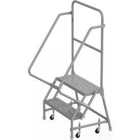 2 Step 24"W 10"D Top Step Steel Rolling Ladder, Perforated Tread, 36" Handrail