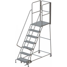 7 Step Steel Rolling Ladder with Rear Exit Walk Off Gate, 24"W X 30"D Platform, Perforated