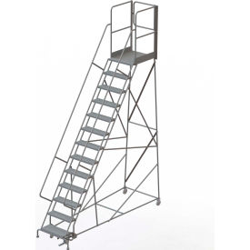 13 Step Steel Rolling Ladder with Rear Exit Walk Off Gate, 24"W X 30"D Platform, Perforated