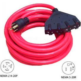 25', 20A Generator Locking Extension Cord with NEMA L14-20P to 15/20R*4, Red