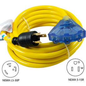 25', 30A, Generator Locking Extension Cord with NEMA L5-30P to 5-15R*3, Lighted End