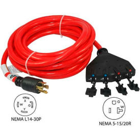 25' Generator Power Cord with NEMA L14-30P to 5-15/20R