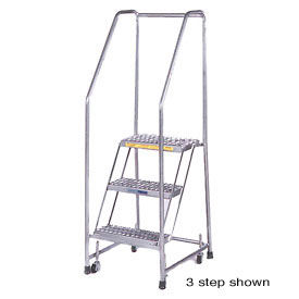 5 Step 16"W Stainless Steel Rolling Ladder W/ Rails - Heavy Duty Serrated Grating
