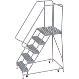 5 Step Aluminum Rolling Ladder, 16"W Ribbed Tread, 21"D Top Step, 32" Handrails