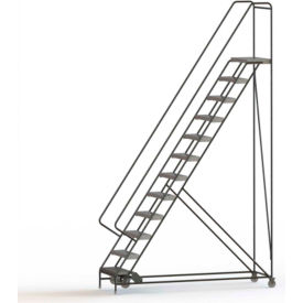 12 Step Aluminum Rolling Ladder, 24"W Ribbed Tread, 14"D Top Step, 42" Handrails