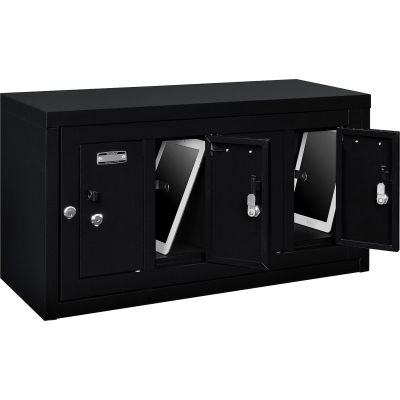 4 Door Device Locker W/Key Lock, 28-1/2"Wx11-1/4"Dx15-5/8"H, Black,Assembled