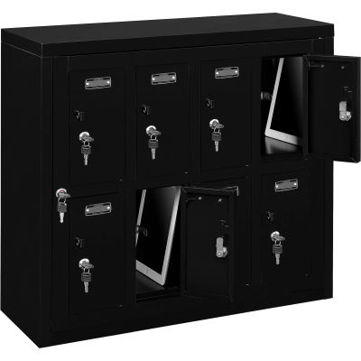 8 Door Device Locker W/Key Lock, 28-1/2"Wx11-1/4"Dx26-3/4"H, Black,Assembled