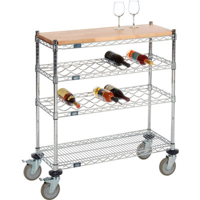 Mobile Wine Display Unit, 4 Tier, Chrome, Wood Top, 14"W, x 36"L, x 34"H