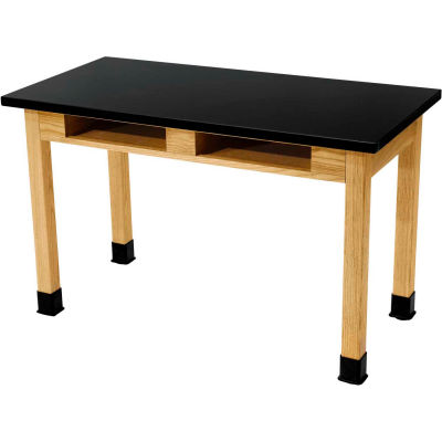 NPS Science Lab Table w/ Compartment - Phenolic Top - 60"L x 30"W x 36"H - Black w/ Oak Leg
