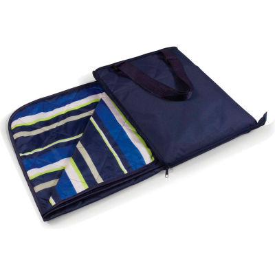 Picnic Time Vista Outdoor Blanket Tote Unfolds to 59" x 51" Navy Blue with Lime Stripes