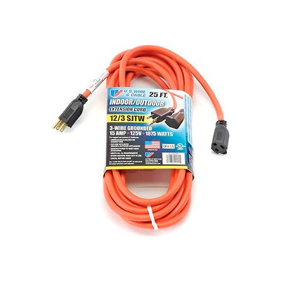 U.S. Wire 65025 25 Ft. Three Conductor Extension Orange Cord, 12/3 Ga. SJTW-A, 15A