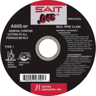 United Abrasives - Sait 23106 Flat Center Wheel T1 A60S 6"x .045" x 7/8" 60 Grit Aluminum Oxide