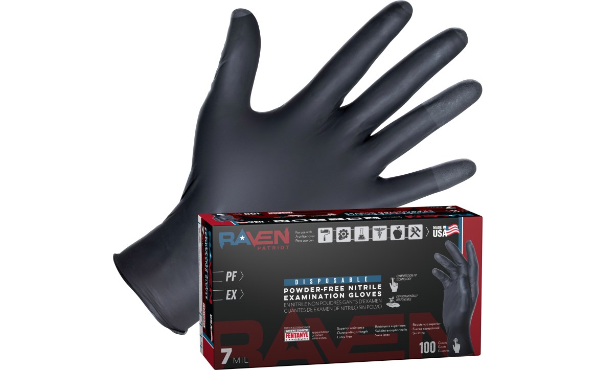 Raven Patriot Powder-Free Exam Grade Nitrile - 7 mil, Small, 100/BX - 10BX/CS, Made in USA