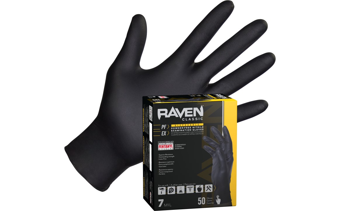 Raven Powder-Free Exam Grade Nitrile - 7 mil, X-Large, 50/BX - 12BX/CS, Made in USA