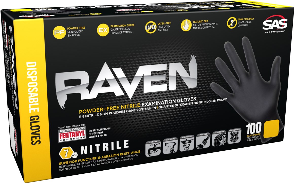 Raven Powder-Free Exam Grade Nitrile - 7 mil - X-Large, 100/BX - 10BX/CS, Made in USA