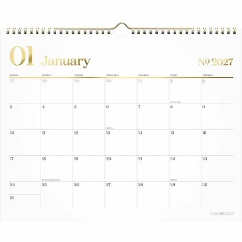 Wall Calendar, Week Style, Monthly, 12 Months, Jan-Dec, 15" x 12", White/Gold