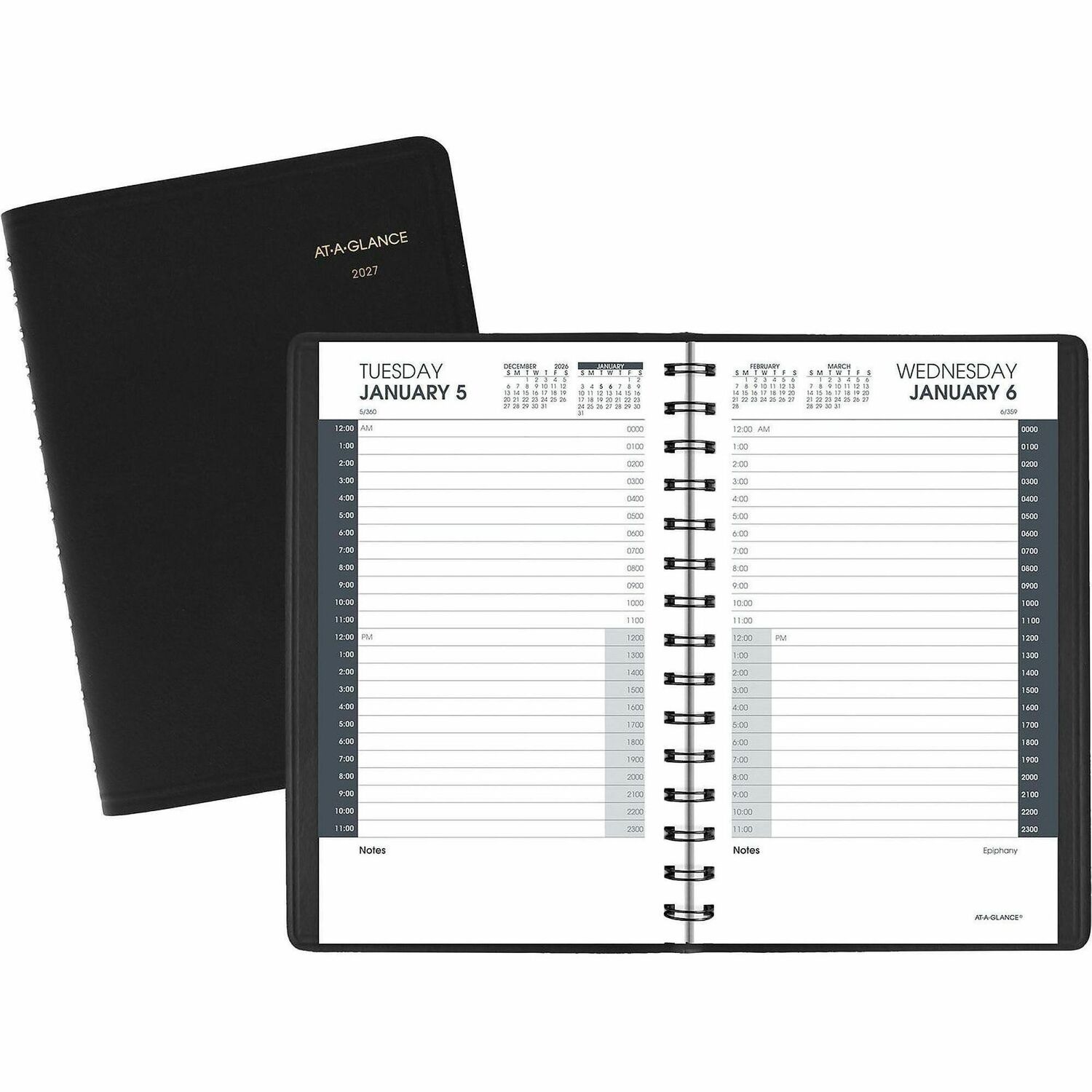 24-Hour Appointment Book, 12 Month Jan-Dec, 4-7/8"x8", Black