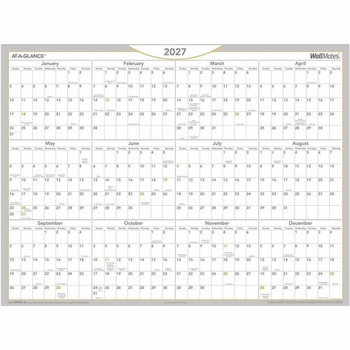 Dry Erase Yearly Calendar, With Marker, Jan-Dec, 24" x 18", White