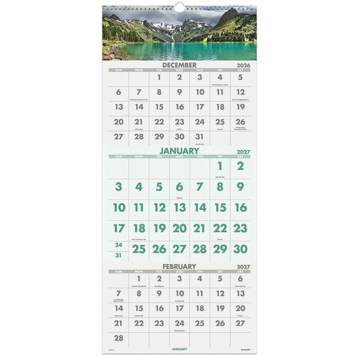3-Month Wall Calendar, 14 Month Dec-Jan, 12-1/4" x 27", Scenic