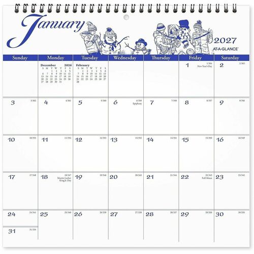 Wall Calendar, Full Month Per Page, 12" x 11-3/4", Blue/White
